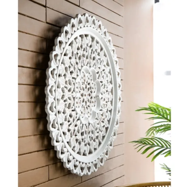 Wall Plaques-Kirkland's Home Round Distressed Wood Carved Wall Plaque White