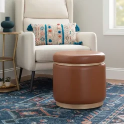 Benches & Ottomans-Kirkland's Home Round Faux Leather Storage Ottoman Brown