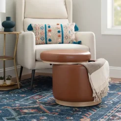 Benches & Ottomans-Kirkland's Home Round Faux Leather Storage Ottoman Brown