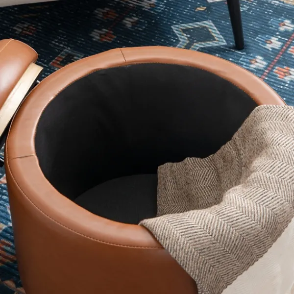 Benches & Ottomans-Kirkland's Home Round Faux Leather Storage Ottoman Brown