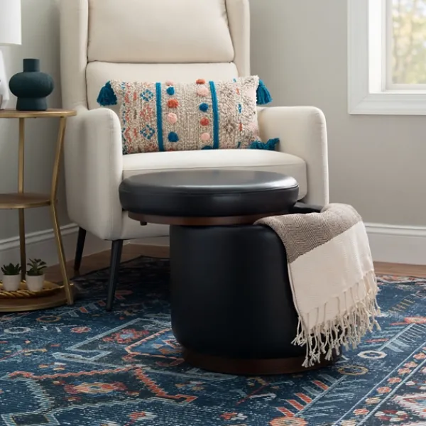 Benches & Ottomans-Kirkland's Home Round Faux Leather Storage Ottoman Black