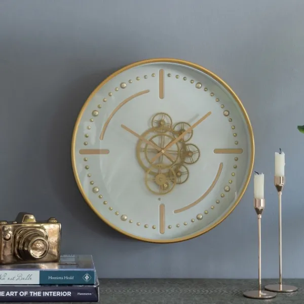 Clocks-Kirkland's Home Round Gold Gears Wall Clock Gold/White