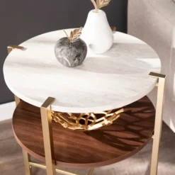 Accent & End Tables-Kirkland's Home Round Gold 2-Tier Accent Table White