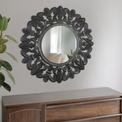 Decorative Mirrors-Kirkland's Home Round Hand Carved Mandala Medallion Mirror