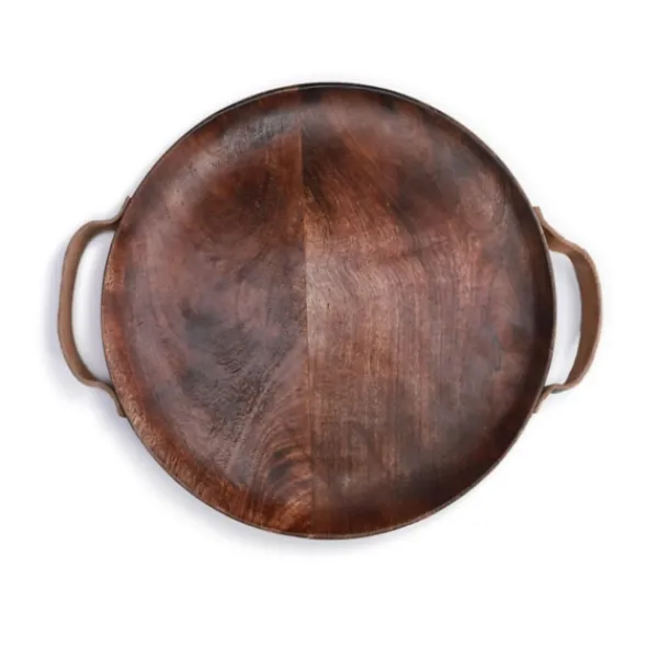 Decorative Trays-Kirkland's Home Round Mango Wood Tray With Leather Handles Brown