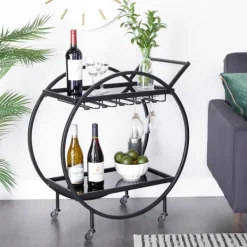 Kitchen Islands & Bar Carts-Kirkland's Home Round Metal And Glass 2-Ter Bar Cart Black