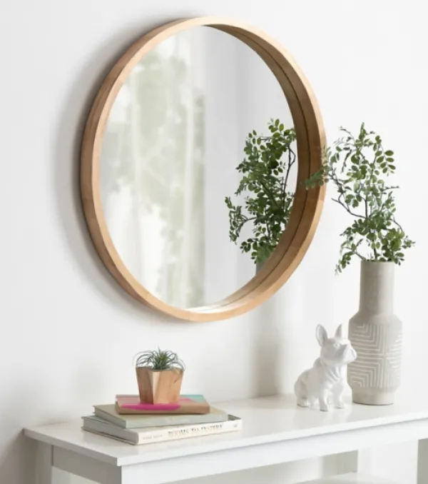 Decorative Mirrors-Kirkland's Home Round Natural Wood Hutton Mirror Tan
