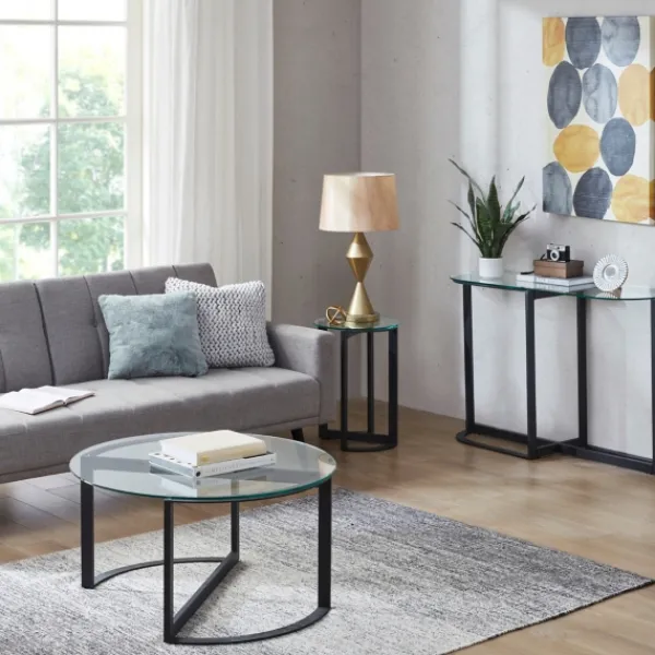 Coffee Tables-Kirkland's Home Round Tempered Glass Hourglass Base Coffee Table Black