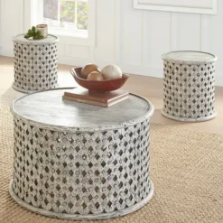 Accent & End Tables-Kirkland's Home Round White Wood Lattice Accent Table