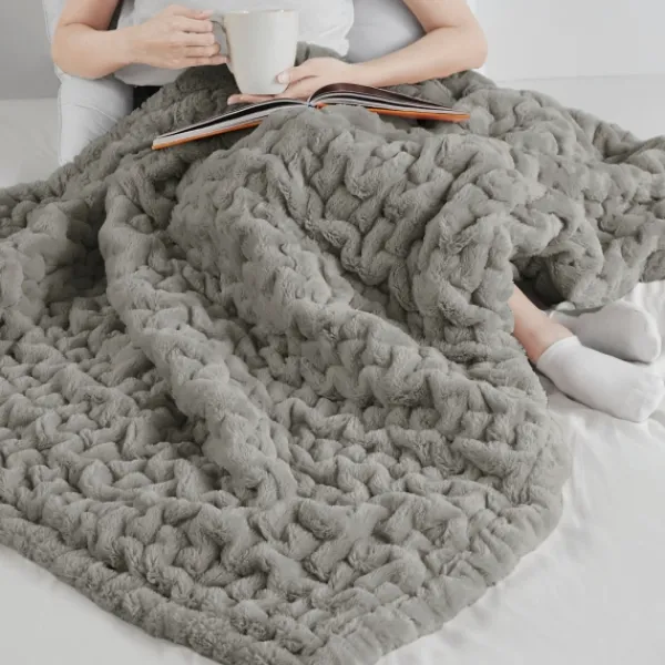 Blankets & Throws-Kirkland's Home Ruched Faux Fur Throw Gray