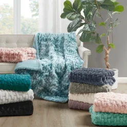 Blankets & Throws-Kirkland's Home Ruched Faux Fur Throw Gray