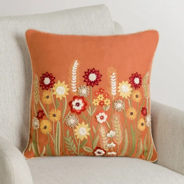Pillows-Kirkland's Home Rust Embroidered Floral Throw Pillow Orange