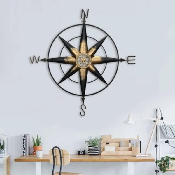 Wall Plaques-Kirkland's Home Rusted Metal Compass Wall Plaque Gold/Black
