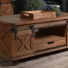 Coffee Tables-Kirkland's Home Rustic Fir Wood Rolling Barn Door Coffee Table Tan