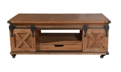 Coffee Tables-Kirkland's Home Rustic Fir Wood Rolling Barn Door Coffee Table Tan