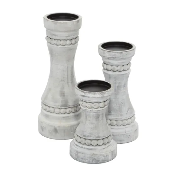 Candle Holders-Kirkland's Home Rustic Gray Carved 3-Pc. Candle Holder Set White/Gray