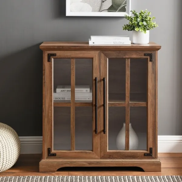 Cabinets & Sideboards-Kirkland's Home Rustic Oak Finish Window Pane Cabinet Brown