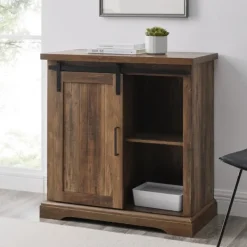 Cabinets & Sideboards-Kirkland's Home Rustic Oak Grooved Sliding Barn Door Cabinet Brown