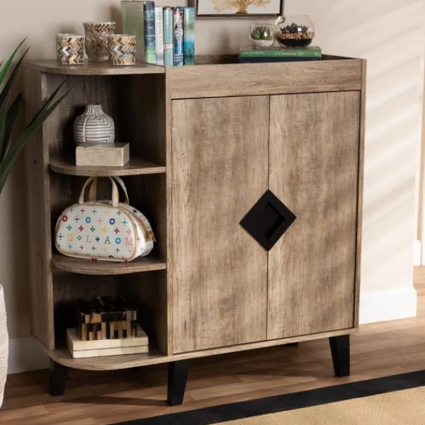 Entryway Furniture-Kirkland's Home Rustic Oak Open Shoe Storage Cabinet Tan