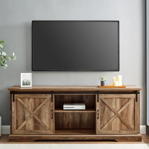 Tv Stands & Media Consoles-Kirkland's Home Rustic Oak Sliding Barn Door Tv Stand Brown