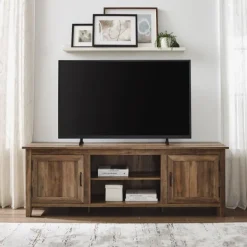 Tv Stands & Media Consoles-Kirkland's Home Rustic Oak Wood Grooved Door Tv Stand Brown
