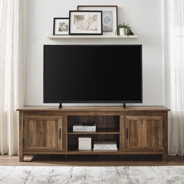 Tv Stands & Media Consoles-Kirkland's Home Rustic Oak Wood Grooved Door Tv Stand Brown