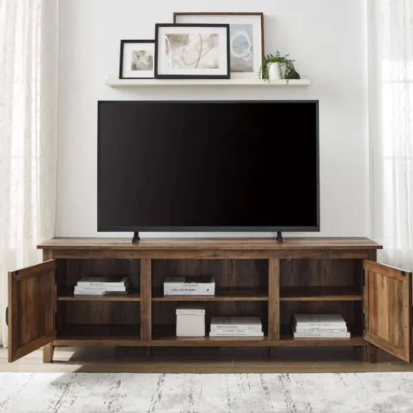 Tv Stands & Media Consoles-Kirkland's Home Rustic Oak Wood Grooved Door Tv Stand Brown