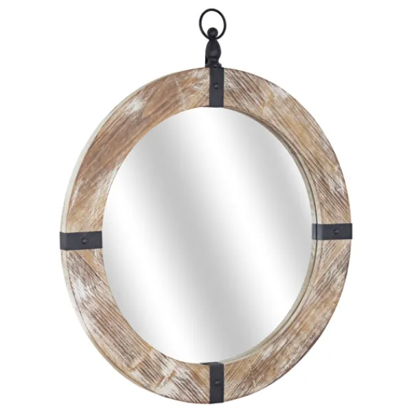 Decorative Mirrors-Kirkland's Home Rustic Round Wooden Mirror With Metal Brackets