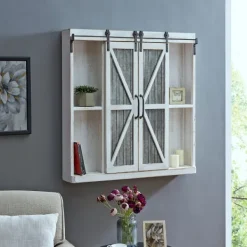 Cabinets & Sideboards-Kirkland's Home Rustic Sliding Metal Door Cabinet White