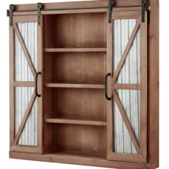 Cabinets & Sideboards-Kirkland's Home Rustic Walnut Sliding Metal Door Cabinet Brown