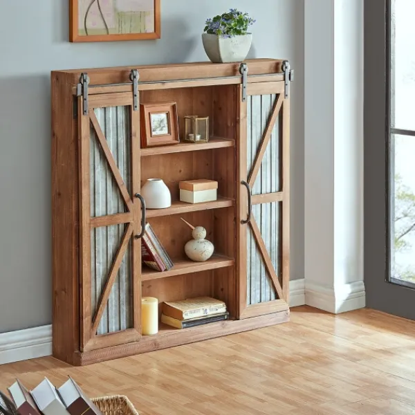 Cabinets & Sideboards-Kirkland's Home Rustic Walnut Sliding Metal Door Cabinet Brown
