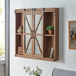 Cabinets & Sideboards-Kirkland's Home Rustic Walnut Sliding Metal Door Cabinet Brown