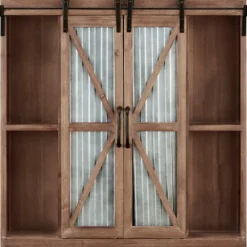 Cabinets & Sideboards-Kirkland's Home Rustic Walnut Sliding Metal Door Cabinet Brown