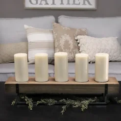 Candle Holders-Kirkland's Home Rustic Wood Candle Runner With Metal Stand Brown