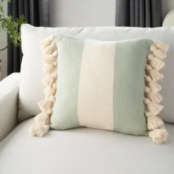 Pillows-Kirkland's Home Sage And Ivory Striped Tassel Pillow Green/Ivory