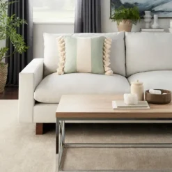 Pillows-Kirkland's Home Sage And Ivory Striped Tassel Pillow Green/Ivory