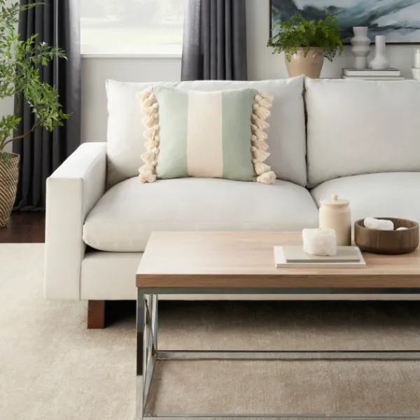 Pillows-Kirkland's Home Sage And Ivory Striped Tassel Pillow Green/Ivory