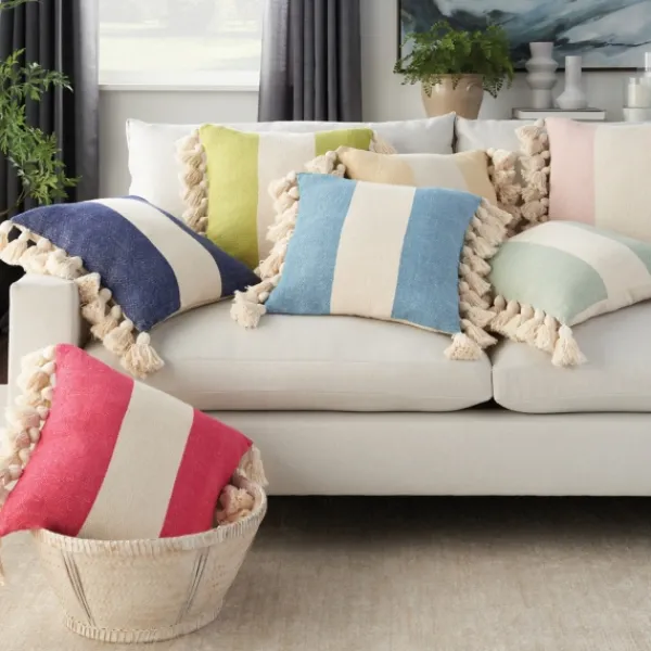 Pillows-Kirkland's Home Sage And Ivory Striped Tassel Pillow Green/Ivory