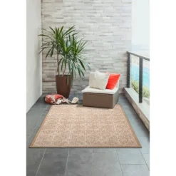 Outdoor Rugs-Kirkland's Home Sand Embellished Scroll Indoor/Outdoor Rug, 4X7 Tan/White