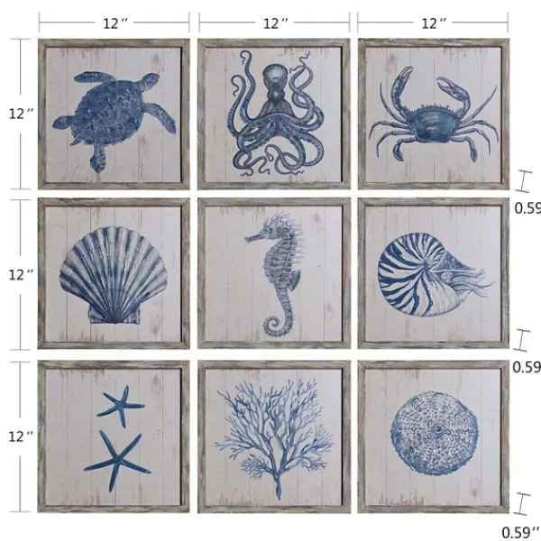 Framed Art-Kirkland's Home Sea Creatures Framed Wood Art Prints, Set Of 9 Blue/White