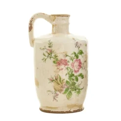 Vases-Kirkland's Home Shabby Chic Ivory Floral Pitcher Vase Ivory/Pink/Green