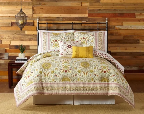 Comforters-Kirkland's Home Shyla Yellow Vinework Queen 5-Pc. Comforter Set Yellow/White