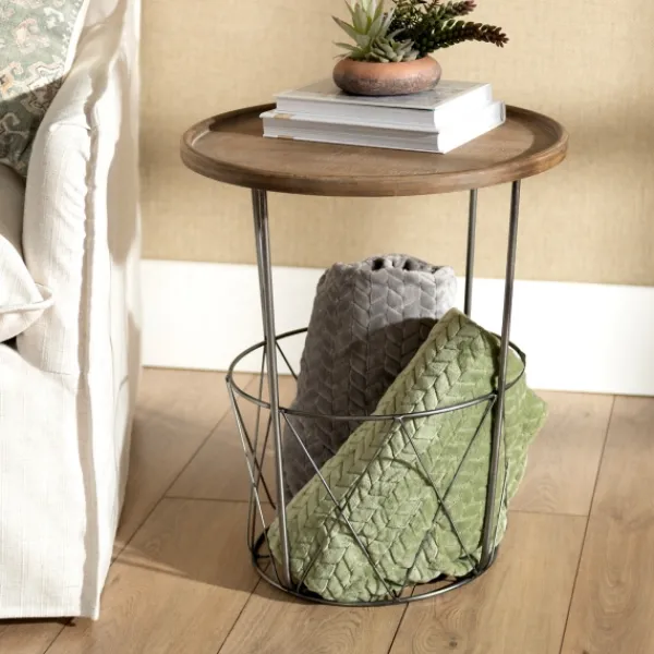 Accent & End Tables-Kirkland's Home Side Table With Metal Wire Basket Brown