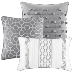 Comforters-Kirkland's Home Silver Geometric Stripes 7-Pc. Queen Comforter Set Silver/White
