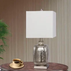 Table Lamps-Kirkland's Home Silver Mercury Glass Square Table Lamp White