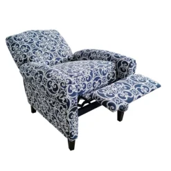 Accent Chairs-Kirkland's Home Sky Blue Fretwork Upholstered High Back Recliner Blue/White