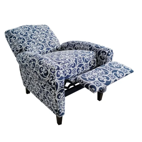Accent Chairs-Kirkland's Home Sky Blue Fretwork Upholstered High Back Recliner Blue/White