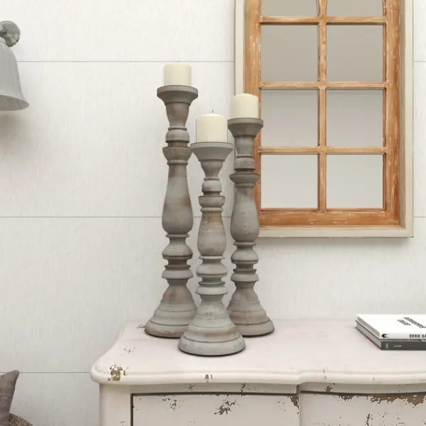 Candle Holders-Kirkland's Home Slate Rustic Mango Wood 3-Pc. Candle Holder Set Gray