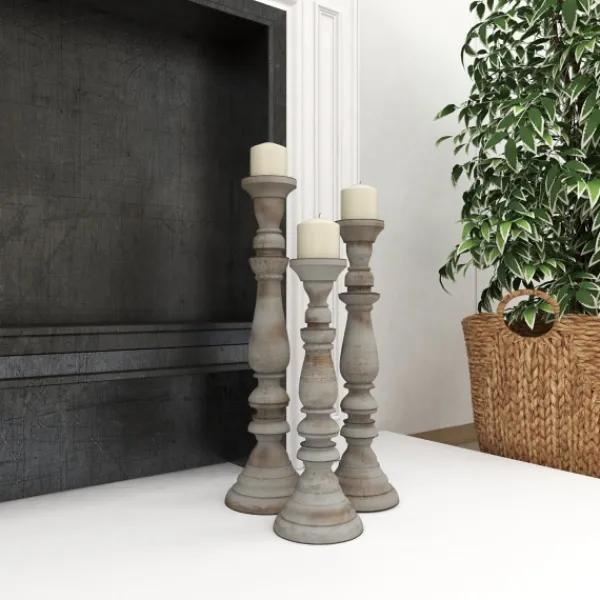 Candle Holders-Kirkland's Home Slate Rustic Mango Wood 3-Pc. Candle Holder Set Gray