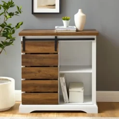 Cabinets & Sideboards-Kirkland's Home Slatted Sliding Barn Door White And Oak Cabinet Brown
